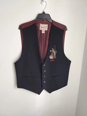 Woolrich Vintage XLarge Wool 5 Button Vest Navy Blue Embroidered Fish  - Image 1 of 4