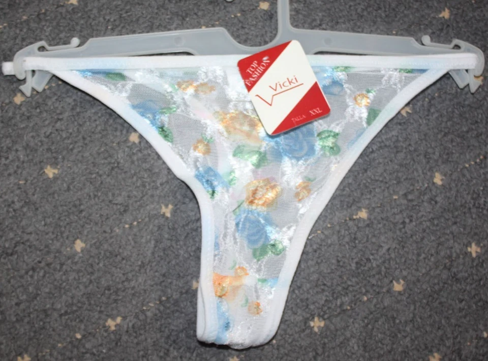 Slip String Tanga Gr 2XL / XXL weiß mit Blumen NEU "Vicki" transparent - Bild 1 von 1