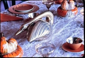 Vintage 35mm Ektachrome Slide Thanksgiving Table with Silver Swan Centerpiece - Picture 1 of 4