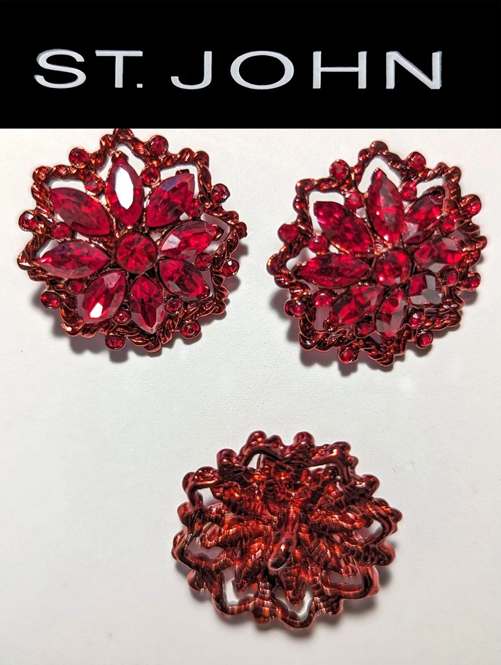 St John Knits Large 1.0 Inch Red Crystal Floral Replacement Buttons (3) - Image 1 of 1