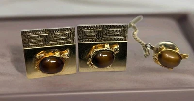 Abotoaduras masculinas vintage tom dourado com suporte para gravata marrom pedra pietersite elegante - Imagem 1 de 4