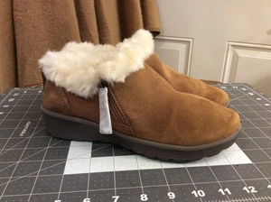 Bzees Golden Fur Trim Washable Side Zip Booties Toffee Fabric Size 7M - Picture 1 of 11