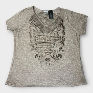 Harley Davidson Ladies T-Shirt w Lace Crocheted Back Size XXL 2XL Warm Gray FLAW - Picture 1 of 7
