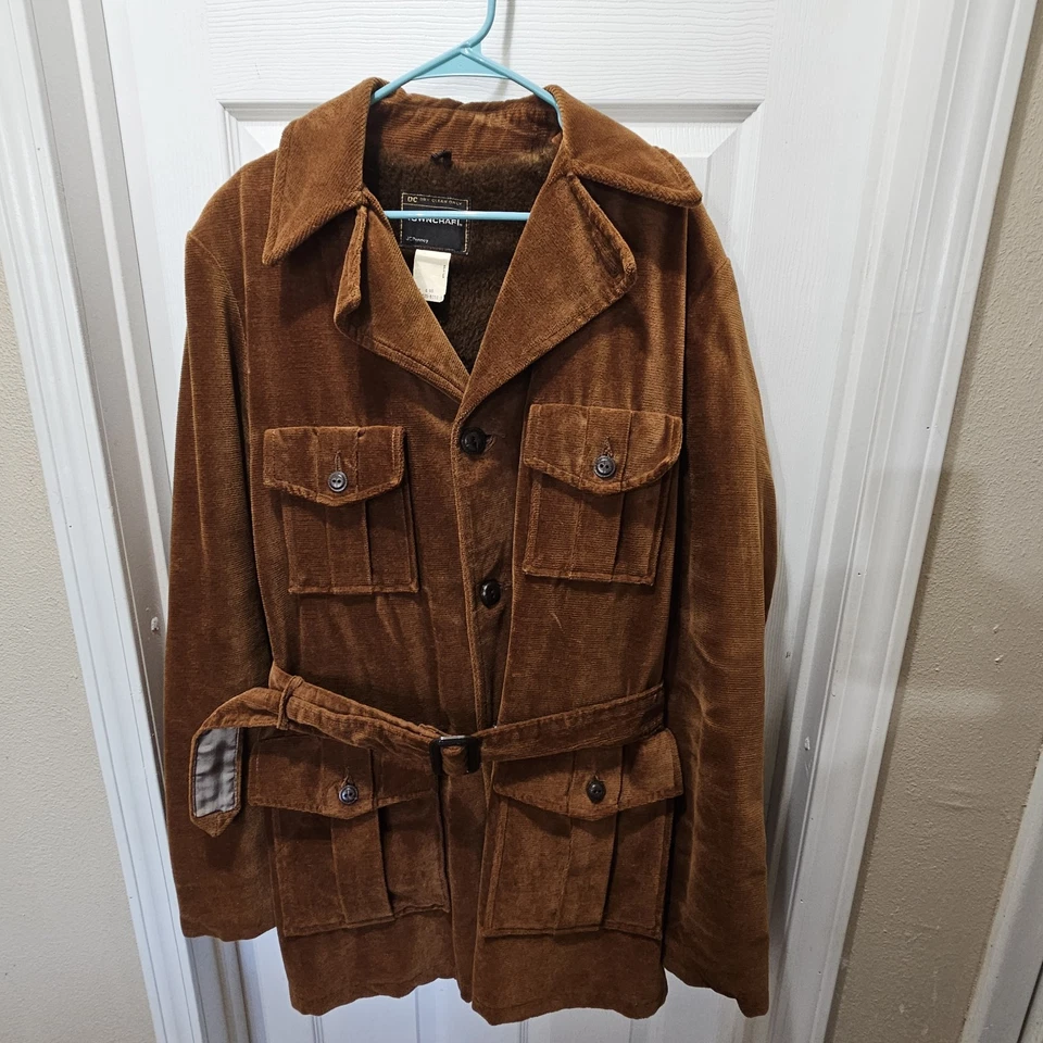 Abrigo vintage Towncraft JC Penney talla 46 marrón forro de piel sintética cinturón años 70 Foto 1 de 1