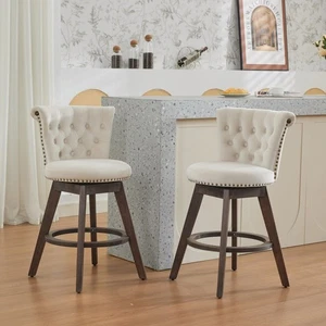 26" 360° Swivel Counter Height Bar Stools Set of 2 Tufted Button Trimmed Wood - Picture 1 of 14