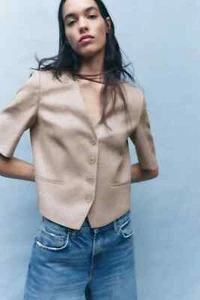 NWT Zara Women's Cropped Linen Blazer Beige Size S 3008/304 - Picture 1 of 14