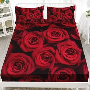 Red Rose Fitted Sheet Set Twin Size, 3D Rose Bed Sheet Set,Valentine Floral R... - Picture 1 of 8