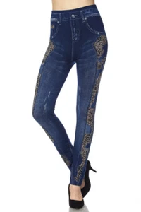 Premium Knit Washed Denim TC/A096 Leopard Ankle Leggings/Jeggins One Size - Picture 1 of 3