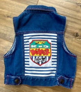 VINTAGE YOUTH UNISEX BLUE JEAN FULL SNAP VEST KID BIKER - Picture 1 of 8