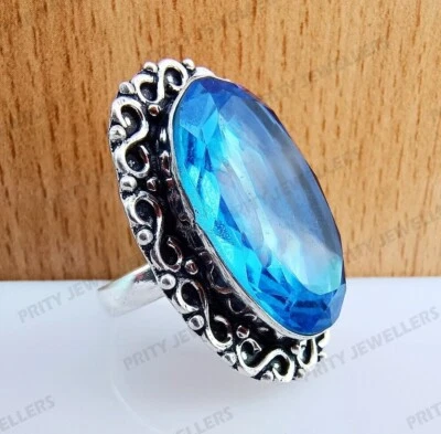 Blue Topaz Gemstone Ring, 925 Sterling Silver Ring, Antique Handmade Ring - Image 1 of 4