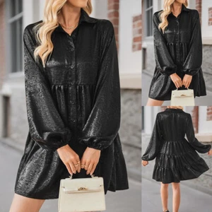 Women Solid Long Sleeve V Neck Casual Loose Dress Ladies Holiday Party Minidress - Picture 1 of 16