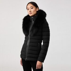 MACKAGE Size M Slim Black Down Puffer Coat Jacket Fur Collar Leather Trim Zip