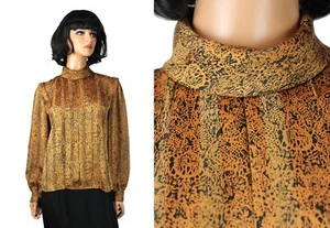 Rollkragen Bluse Gr. 12 M Vintage 80er goldbraun schwarz halbtransparent Kleid Shirt - Bild 1 von 7