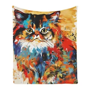 Oil Painting Persian Cat Warm Flannel Bedspread Sofa Throw Blanket Birthday Gift - Picture 1 of 20