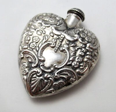 Pingente de frasco de perfume vintage/antigo coração prata esterlina perfume Chatelaine - Imagem 1 de 4