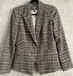 White House Black Market Blazer Jacket Black Tan Red Plaid Sz 6 WHBM - Picture 1 of 12