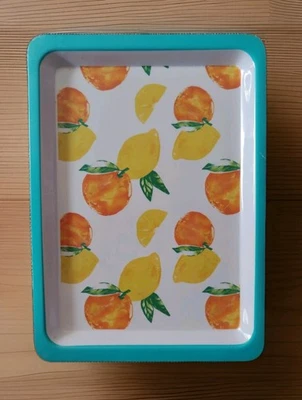 Bandeja con estampado de naranja y limón en blanco, borde azul, 10 x 14 pulgadas Foto 1 de 4