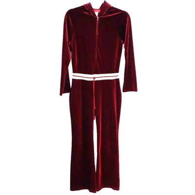 Vintage Velvet Wide Leg Hooded Sporty Jumpsuit Romper Size M Burgundy Zip Front - Image 1 of 4