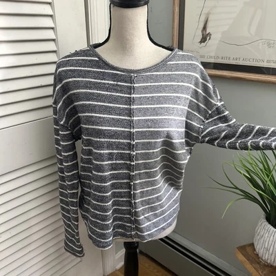 ANTHROPOLOGIE Top Womens Medium Gray Striped Devin Sweatshirt Pullover Neutral - Image 1 of 4