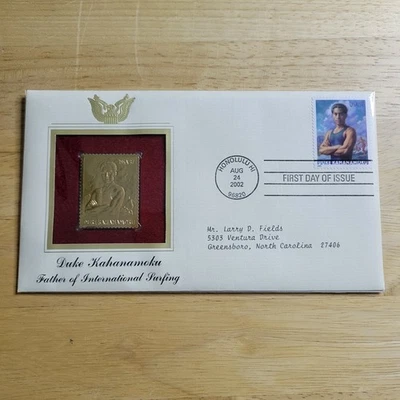 Réplica de sello Duke Kahanamoku oro 22kt emisión primer día con tarjeta Foto 1 de 4