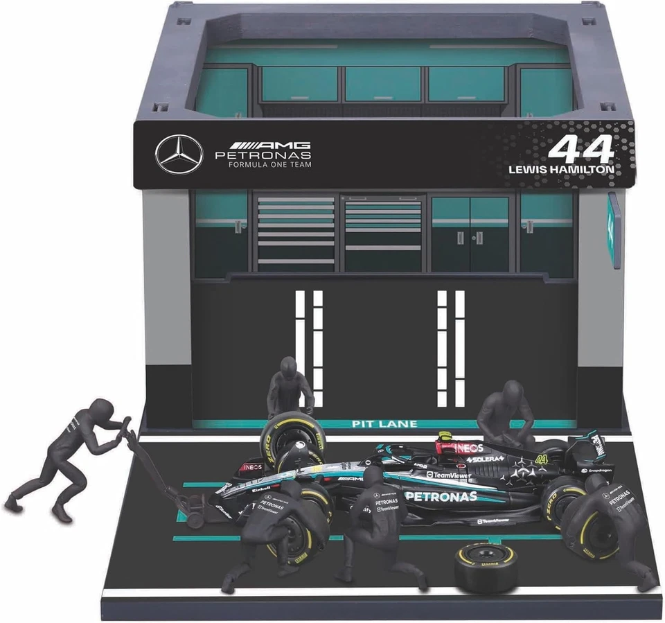 Modellino F1 Diorama Garage Pit Stop Bburago 1/43 Mercedes AMG Petronas Lewis...