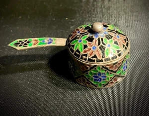 Salt Cellar - Vintage Sterling Silver & Enamel Cloisonne With Spoon - Picture 1 of 8