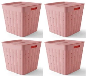 Plastic Wide Weave Pink Stacking Storage Bin Container with Lid 4 Pack Organizer - Picture 1 of 7