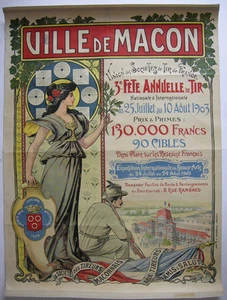 Plakat affiche Ville de Macon Fete Tir Lithografie entoilé 1903 art nouveau - Foto 1 di 5