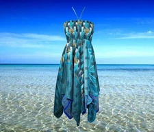Womens Boho Beach Dress, Halter Dresses, Printed Blue Recycled Silk Dress,S/M