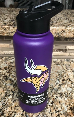 NEW NFL Minnesota Vikings Football 34oz Stainless Steel Water Bottle Straw Lid Cover