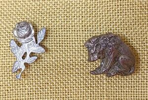 Vintage Set of Brass or Bronze Lapel Pins or Tie Tacks - Sad Lion and Rose