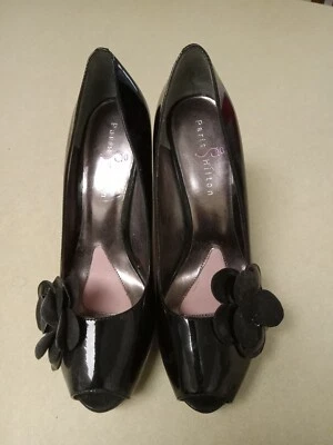 Paris Hilton Black Patent Leather Flower  High 4" Heels Peep Toe Stiletto 10M - Image 1 of 4