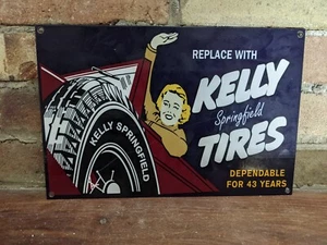 VINTAGE KELLY SPRINGFIELD TIRES PORCELAIN ADVERTISING SIGN TIRE 12" X 8" - Picture 1 of 4