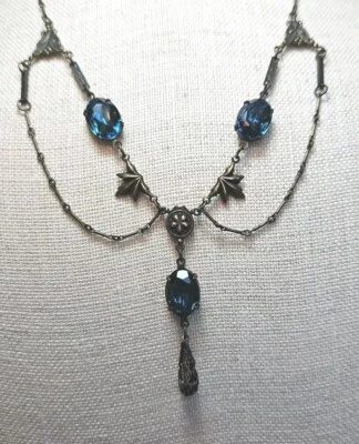 SWEET ROMANCE Necklace Blue Sapphire Colored Stones Darkened Brass Tone  405J - Image 1 of 4