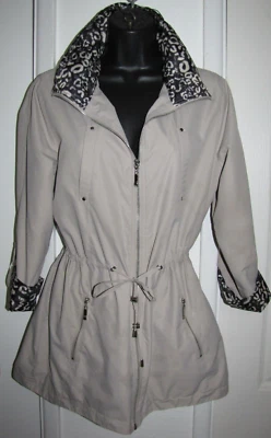 VTG Maurices windbreaker jacket zip roll-tab-sleeve zip-off -hood women beige PL — 第 1/4 张图片