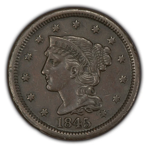1845 1c Braided Hair Large Cent - AU Coin - SKU-B1444 Cover