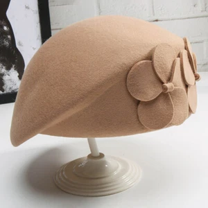 Ladies Vintage Wool Felt Bucket Cap Flower Cloche Church Derby Bowler Hat Black - Picture 1 of 16