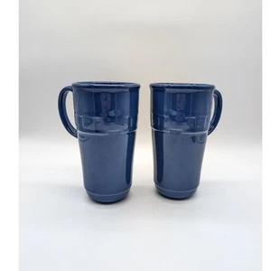 2 Set Longaberger Woven Traditions Tall Mug Travel Coffee Cornflower Blue NEW - Picture 1 of 7