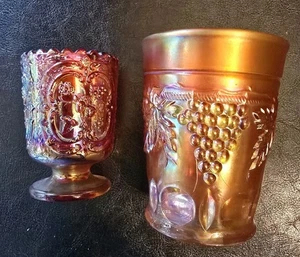 FENTON CARNIVAL GLASS WILD STRAWBERRY TOOTHPICK HOLDER + NORTHWOOD GRAPE TUMBLER - Picture 1 of 6