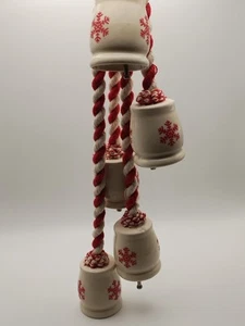 Christmas Door Hanger 5 Ceramic Bells On Red White Rope 18 Inch Snowflakes - Picture 1 of 13