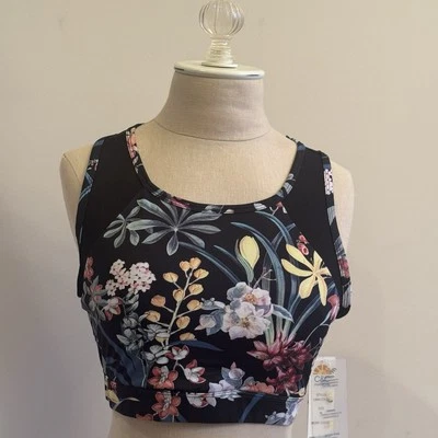 Sutiã esportivo feminino C&C California M desempenho preto floral malha elástica absorção - Imagem 1 de 4