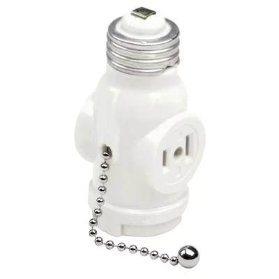 2-Outlet White Socket with Pull Chain – Durable Light Socket Adapter 1406-W - Image 1 of 4