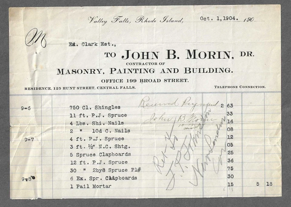 1904 Bill Head "John Morin" Valley Falls Rhode Island - Image 1 of 1