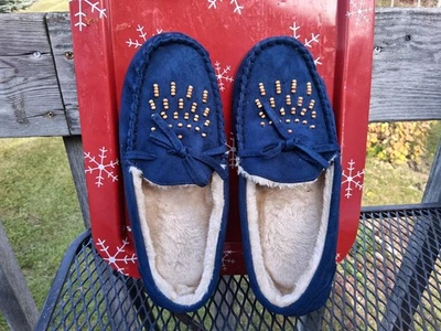 ¡Regalo o desgaste de Navidad! Mocasines de piel sintética con cuentas azul marino 11M. ¡Usa por dentro o por fuera! Foto 1 de 4