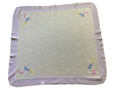 "Manta bebé tejida amarilla pájaro carrusel caballos acrílico 38"" x 34"" vintage" Foto 1 de 4