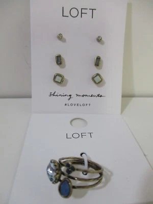 Ann Taylor LOFT Three Stone Stacked Ring  6 NWT $24.50 Stud Earrings Set NWT $29 - Image 1 of 4