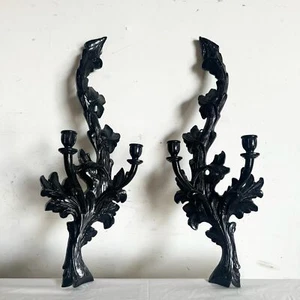 Vintage Hand Carved Black Wooden Candle Sconces - a Pair - Picture 1 of 12