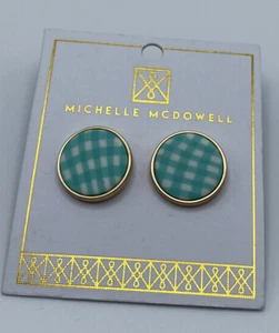 Michelle McDowell Gingham Check Button Earrings Post Style Spring Blue Green - Picture 1 of 1