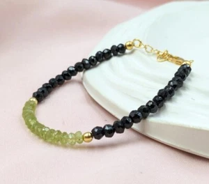 A+ Peridot & Black Spinel 2 Multi Faceted Rondelle Gemstone Beaded Bracelet 6-8" - Picture 1 of 10