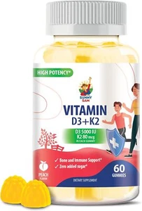 Vitamin D3 K2 Gummies 5000 IU - Immune & Bone Support - Sugar - Free Vitamin D - Picture 1 of 7